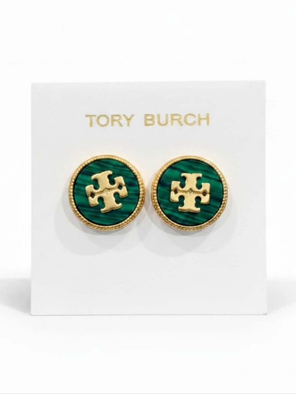 Tory Burch Green Malachite Gold Stud Earrings